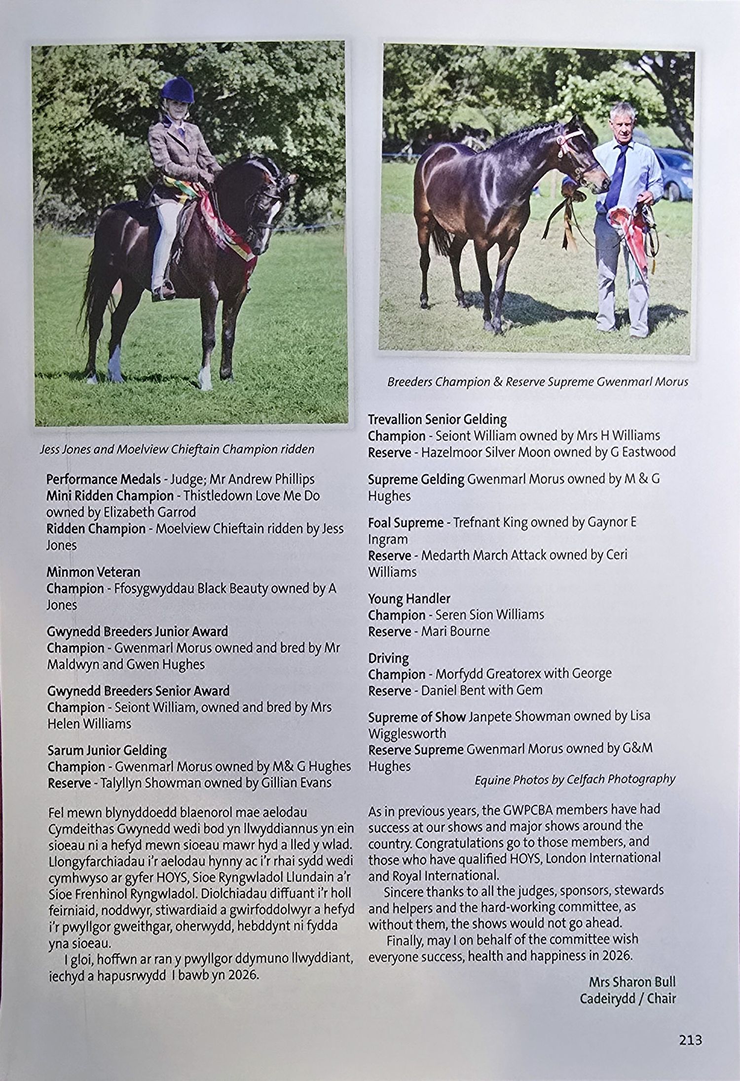 A page spread from an equestrian book showing multiple horse competition photos with detailed captions and text.