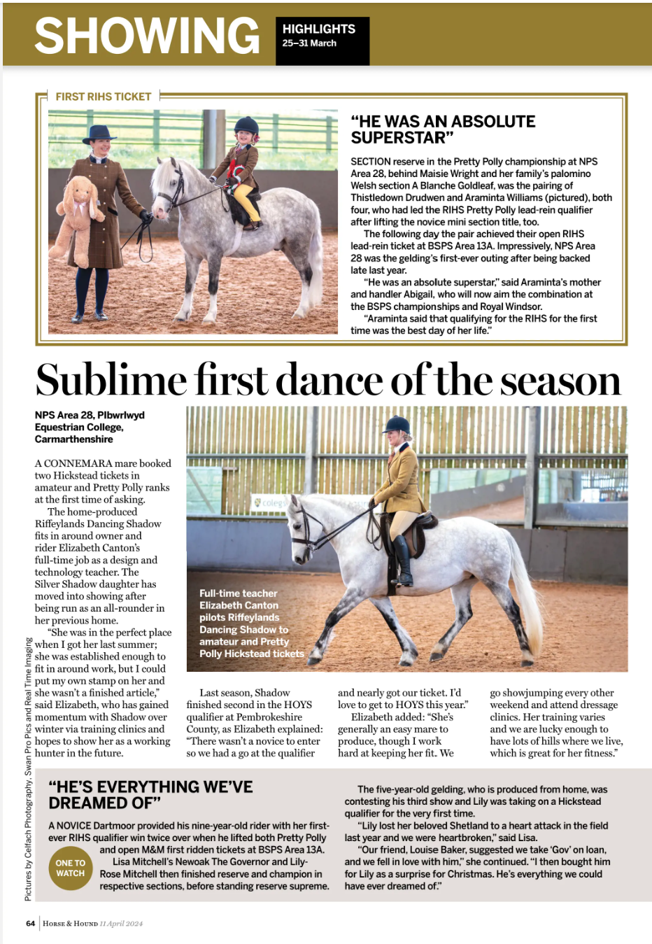 A collage of equestrian magazine pages showing riders practicing dressage moves in an indoor arena.