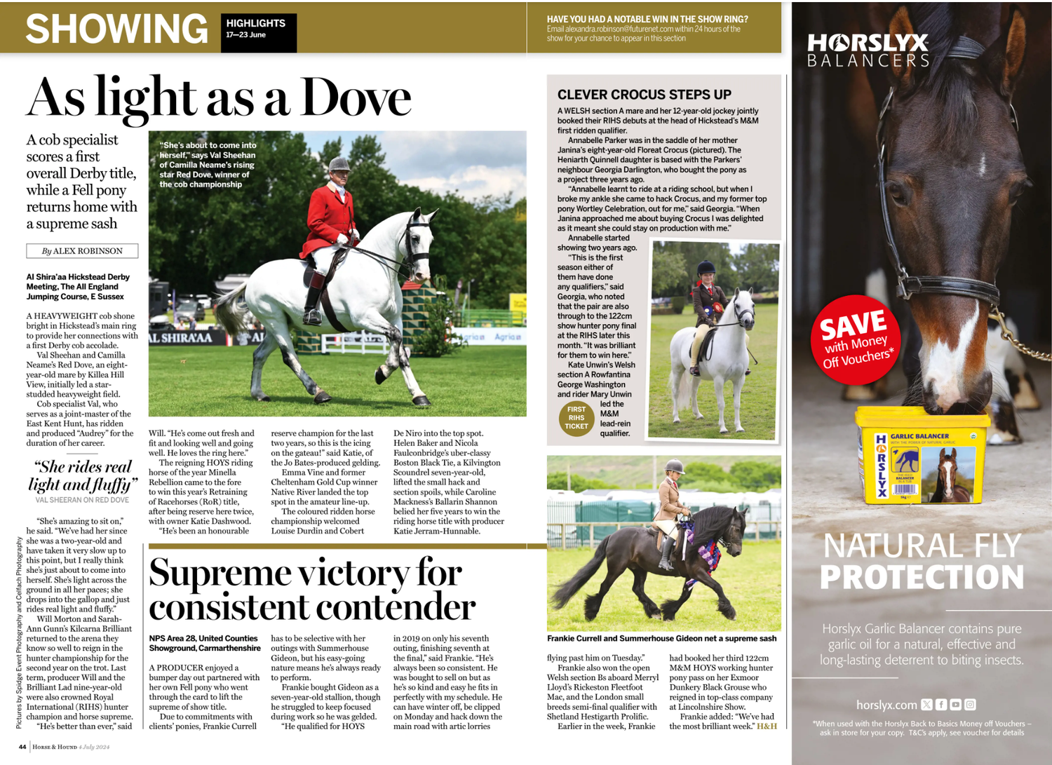 Magazine spread showing equestrian content with multiple horse riding photos and articles laid out across pages.
