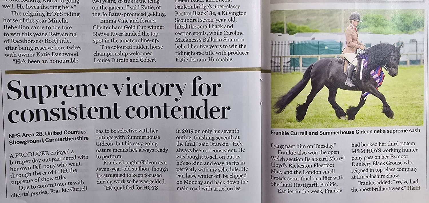 Newspaper clipping showing a horse racing headline and article layout with black and white text.