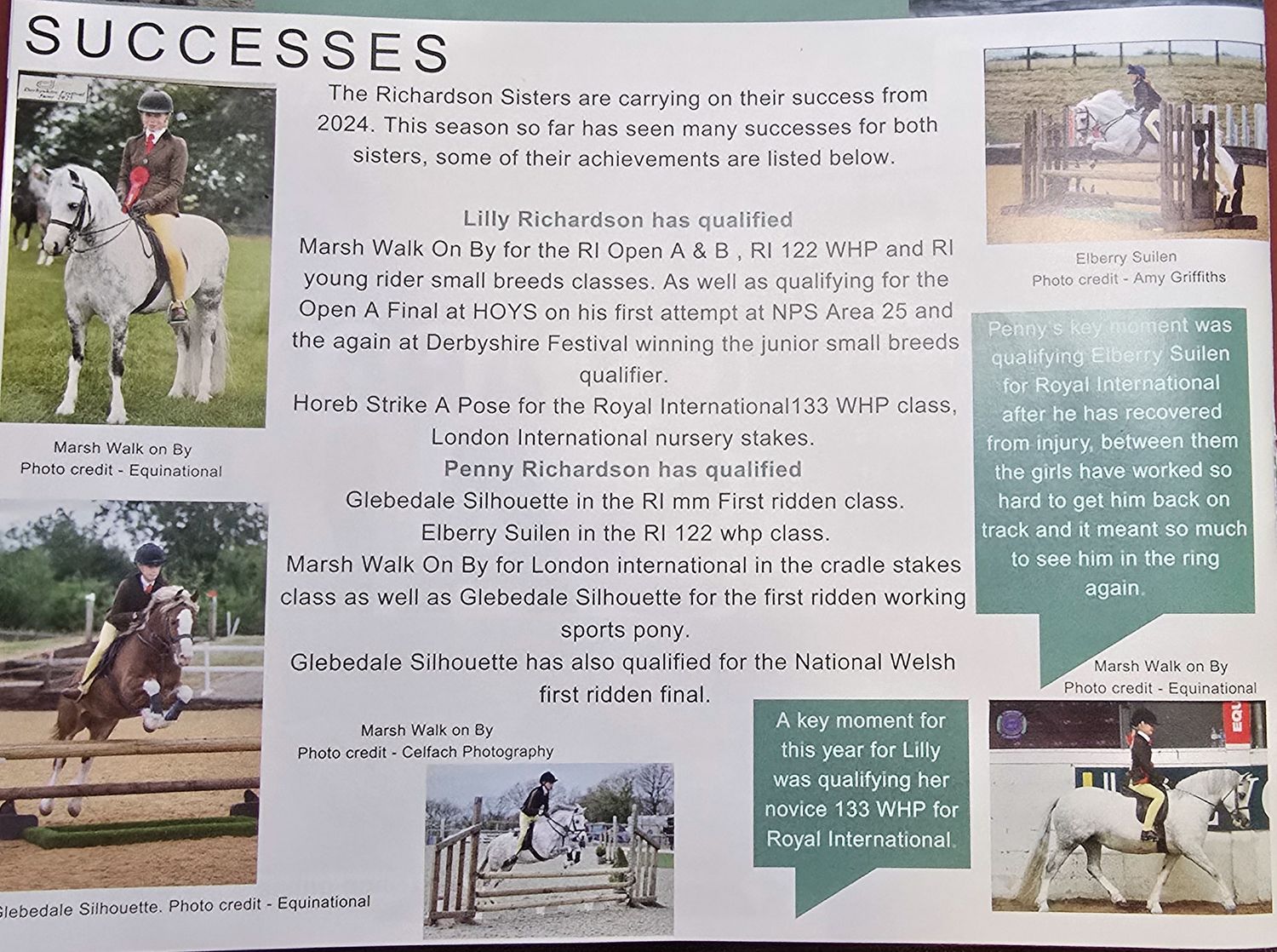 A collection of equestrian competition photos and text arranged in a horizontal collage showing jumping and riding events.