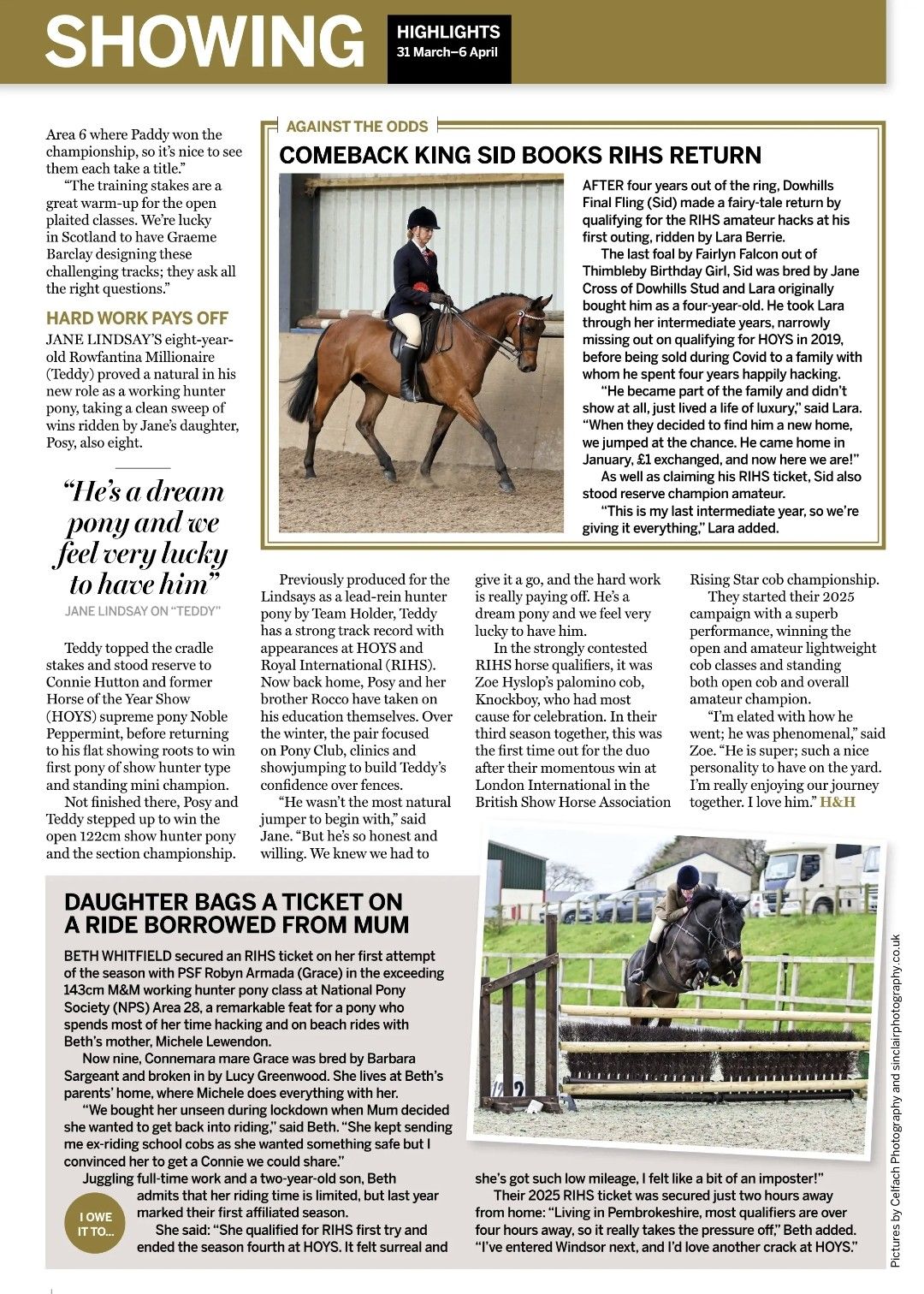 A rider practices dressage on a chestnut horse in an indoor arena while text overlays describe equestrian news and events.