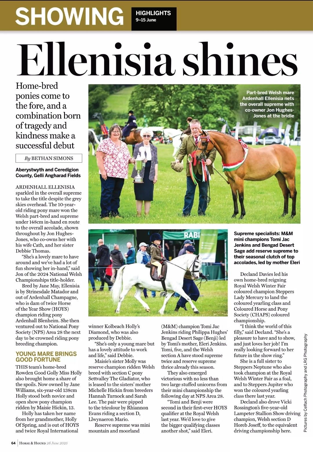 Magazine layout showing equestrian articles with text and photos of horses and riders in outdoor settings.
