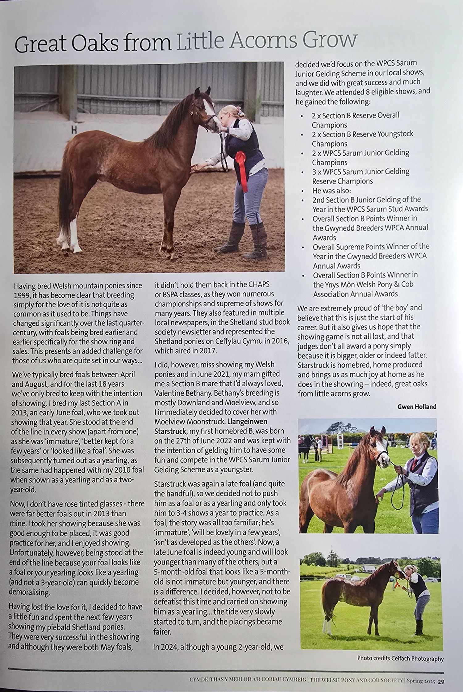 A magazine article layout showing horse training and riding scenes with text columns and multiple equine photographs.