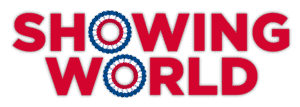Red and blue text logo reading 'Showing World' with circular target-like design elements in the O letters.