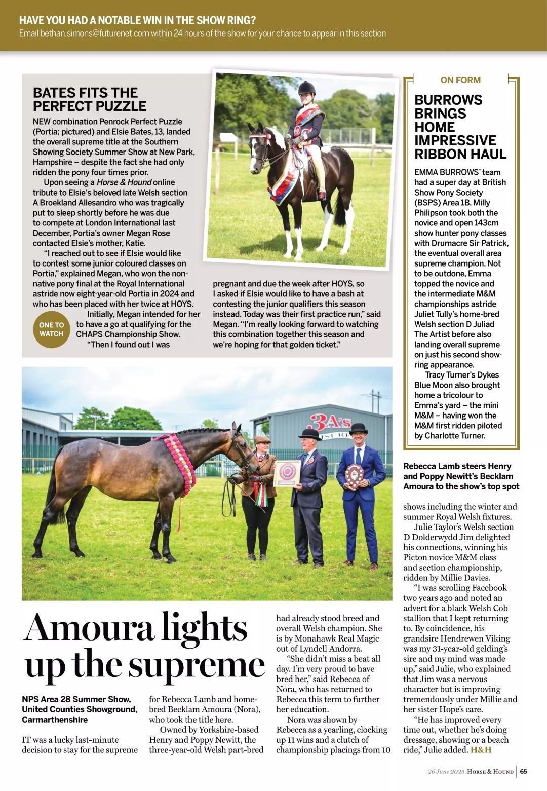 Magazine spread featuring equestrian content with multiple photos of horses and handlers in a field setting.