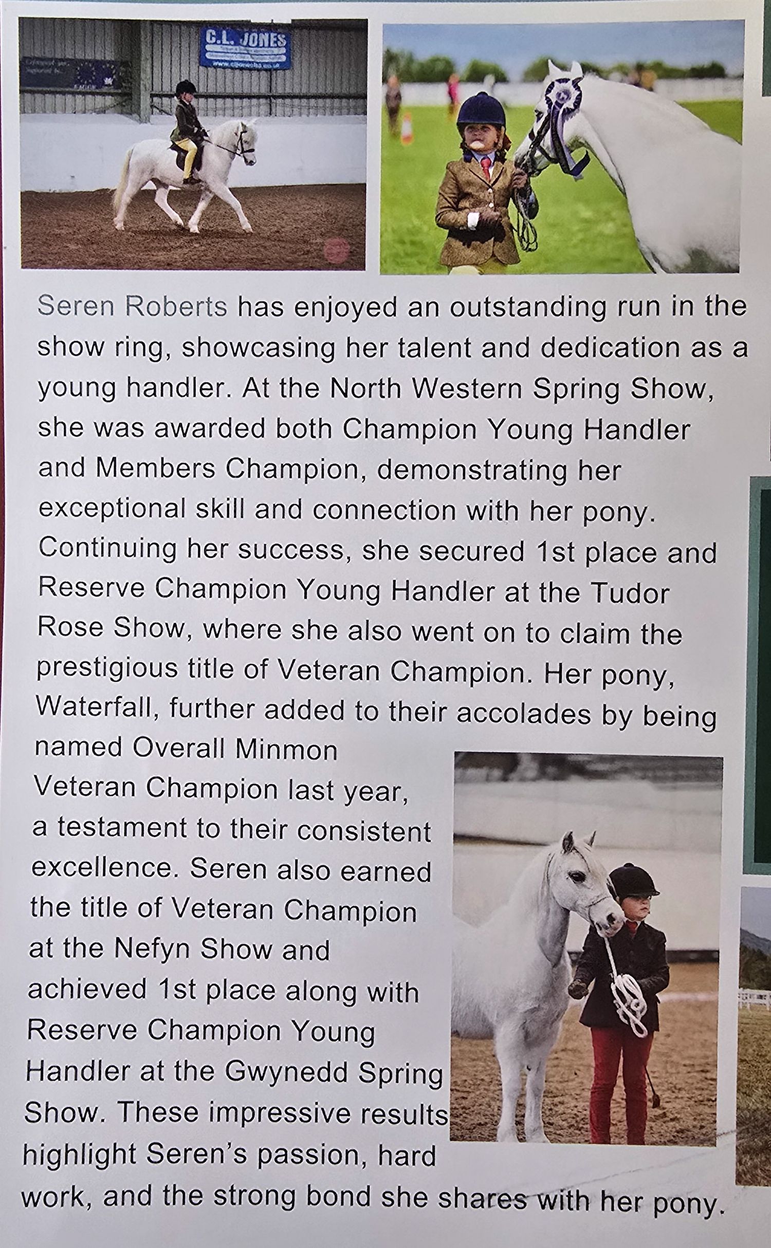 Three photos showing a rider and horse competing in equestrian events, with text describing show ring accomplishments.