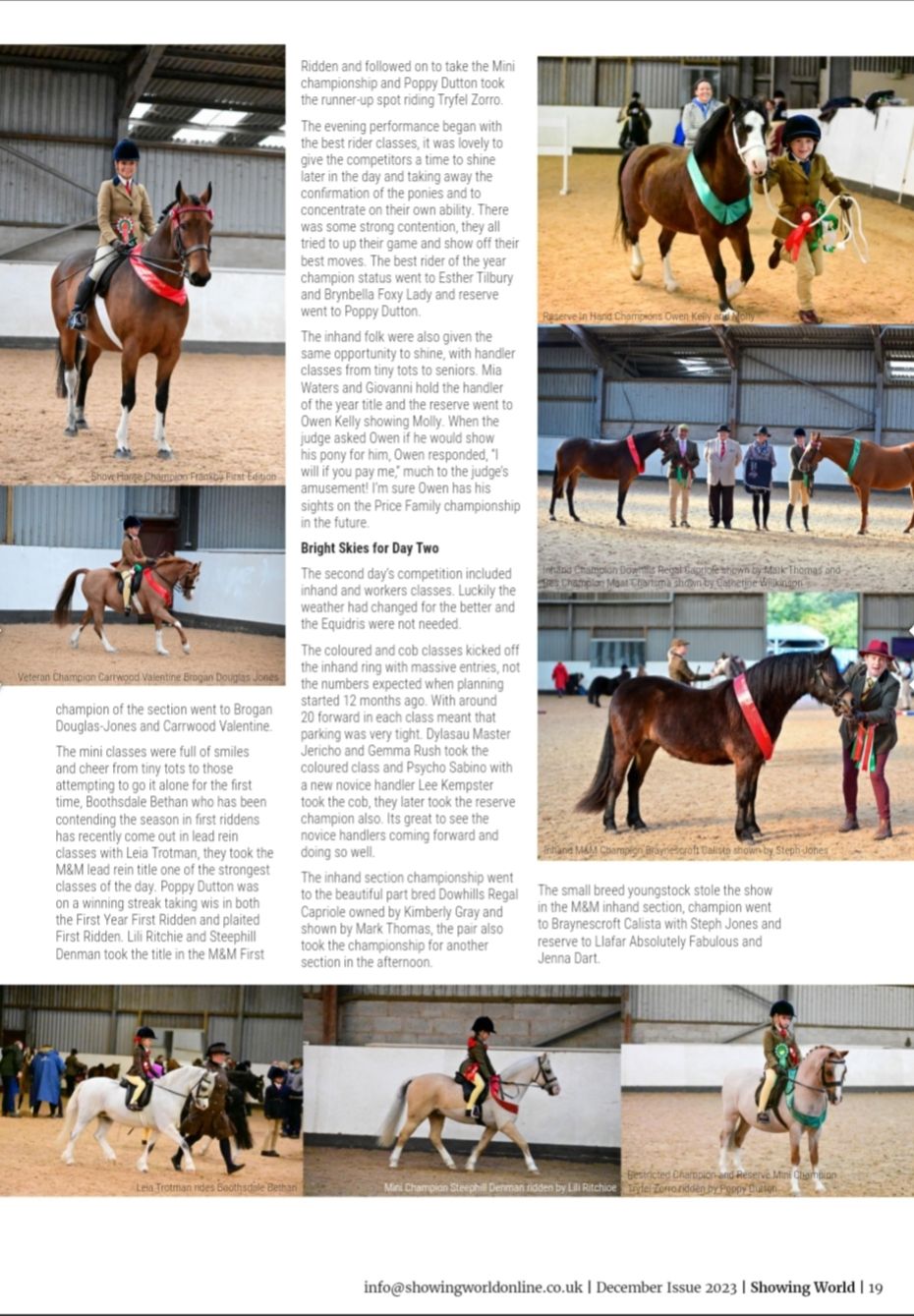 Equestrian riders practicing dressage and training exercises in an indoor arena with multiple horses and riders.