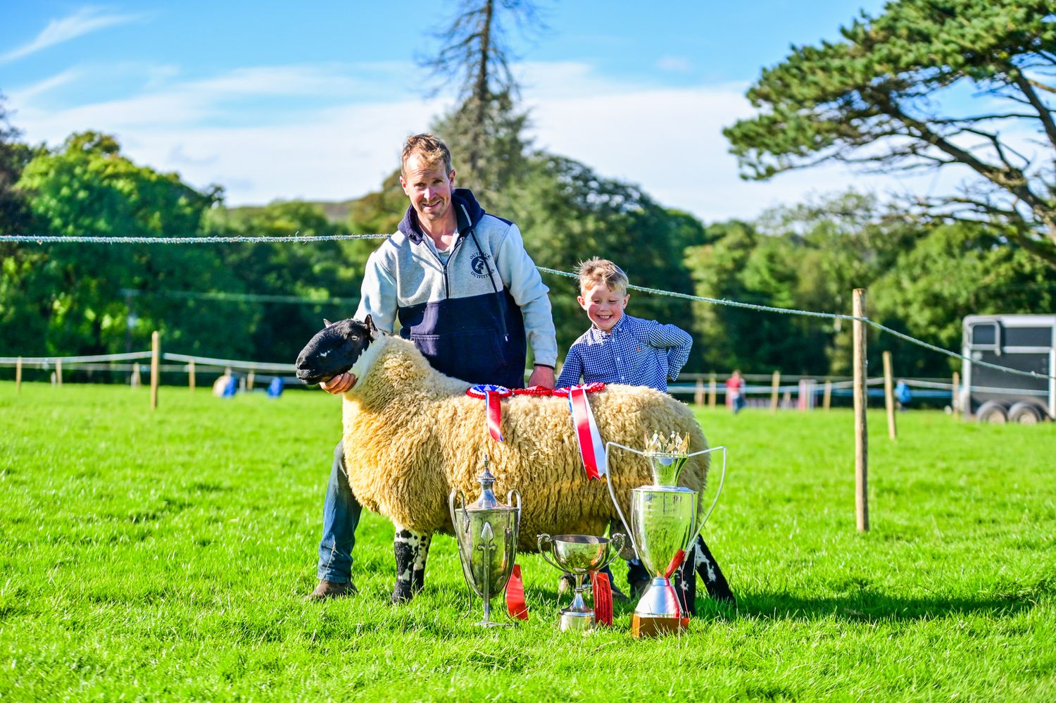 Equestrian show jumping event with multiple obstacles set up in a sunny green field.