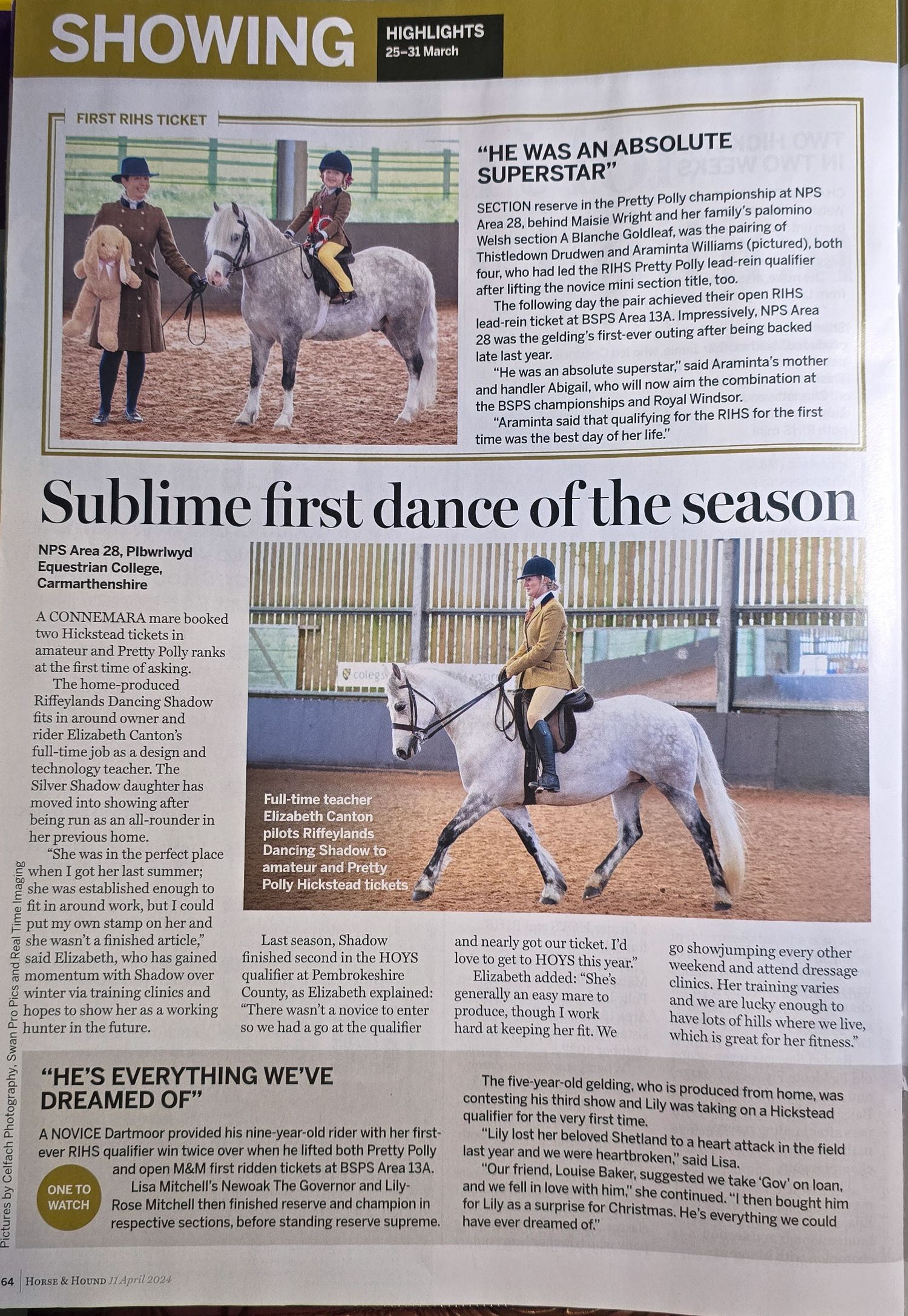A newspaper layout featuring multiple equestrian articles and photos of horses with riders performing dressage moves.
