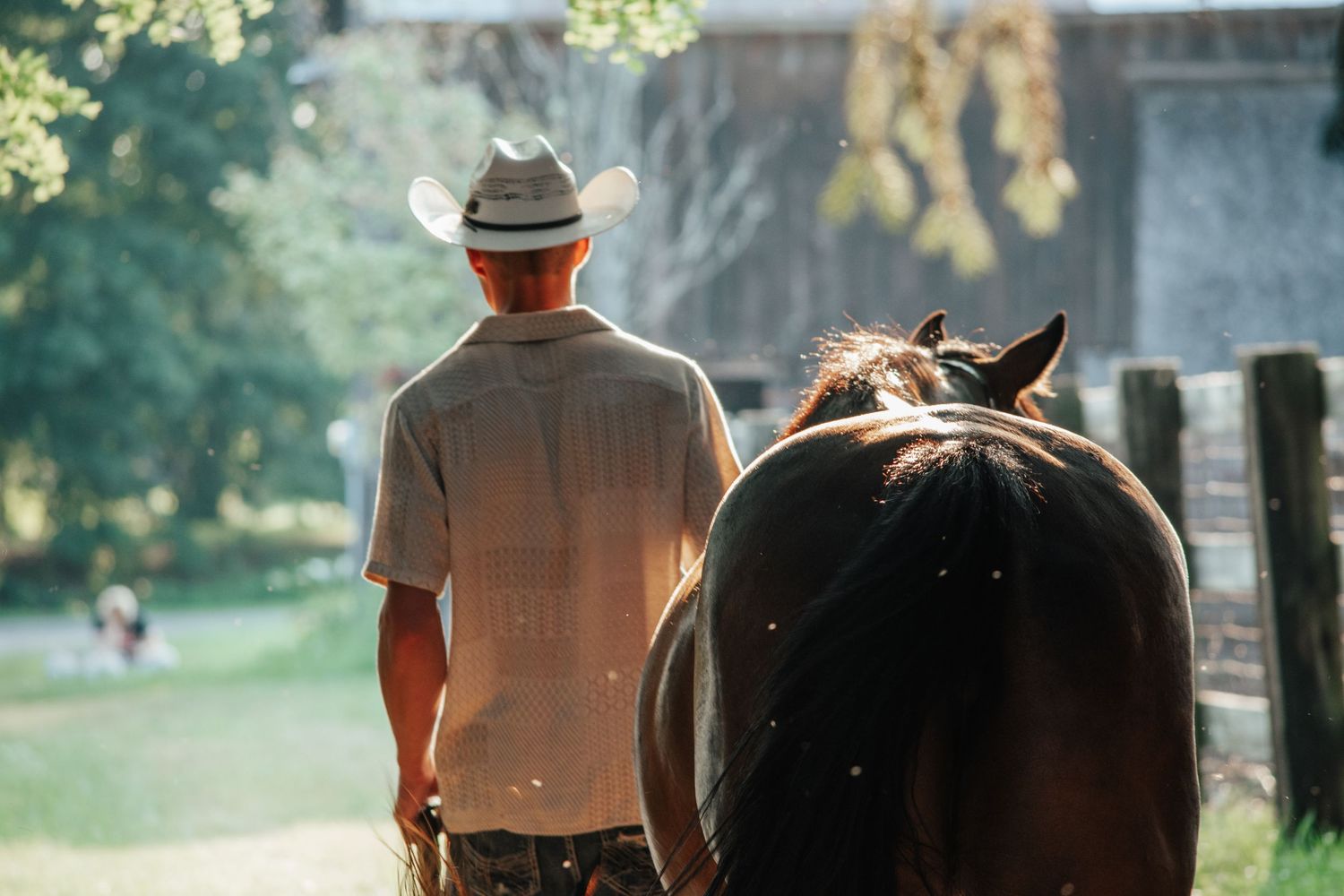 Horse & Man Portrait walking back towards the barn