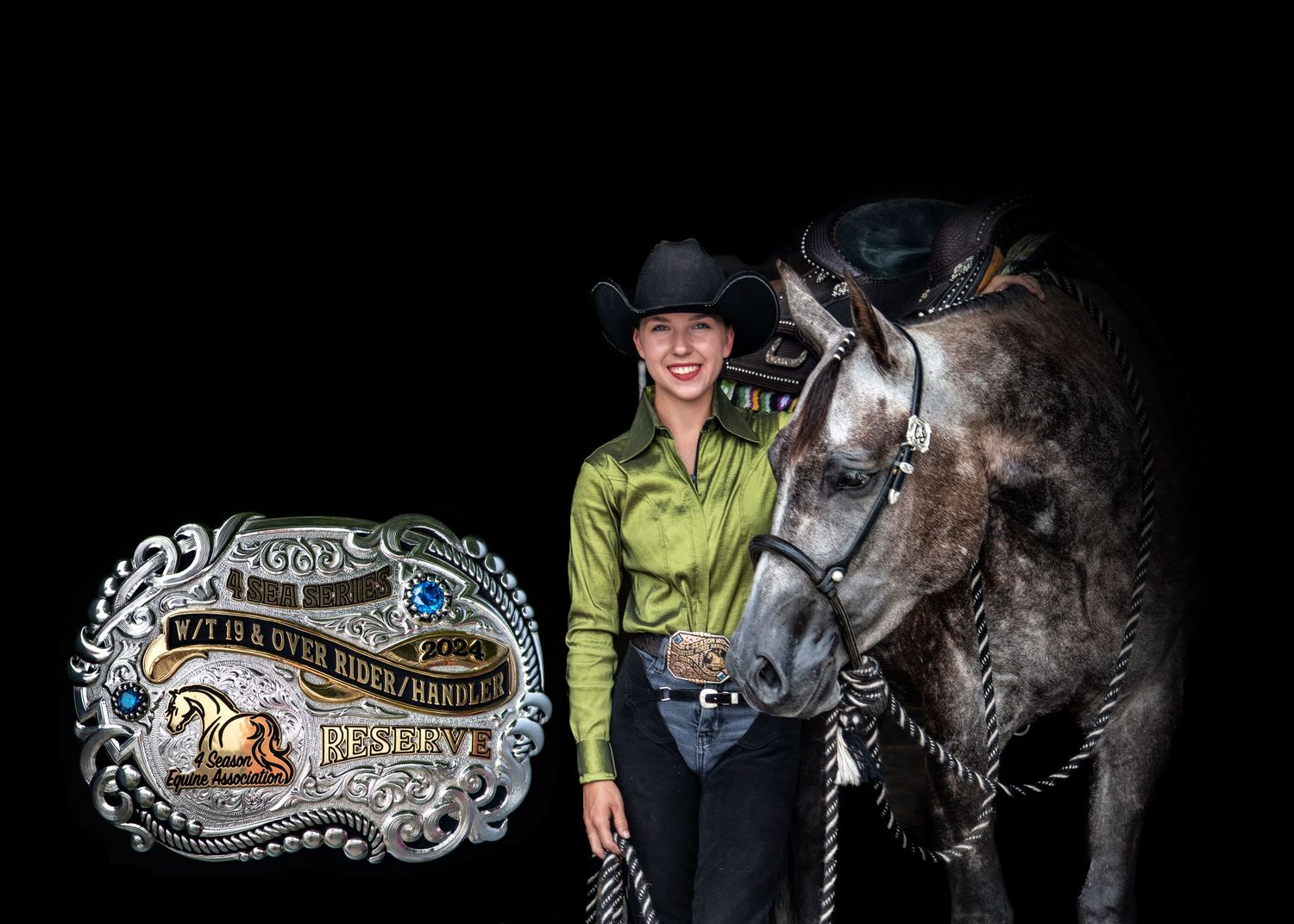 Black Background of Horse & Rider with Award