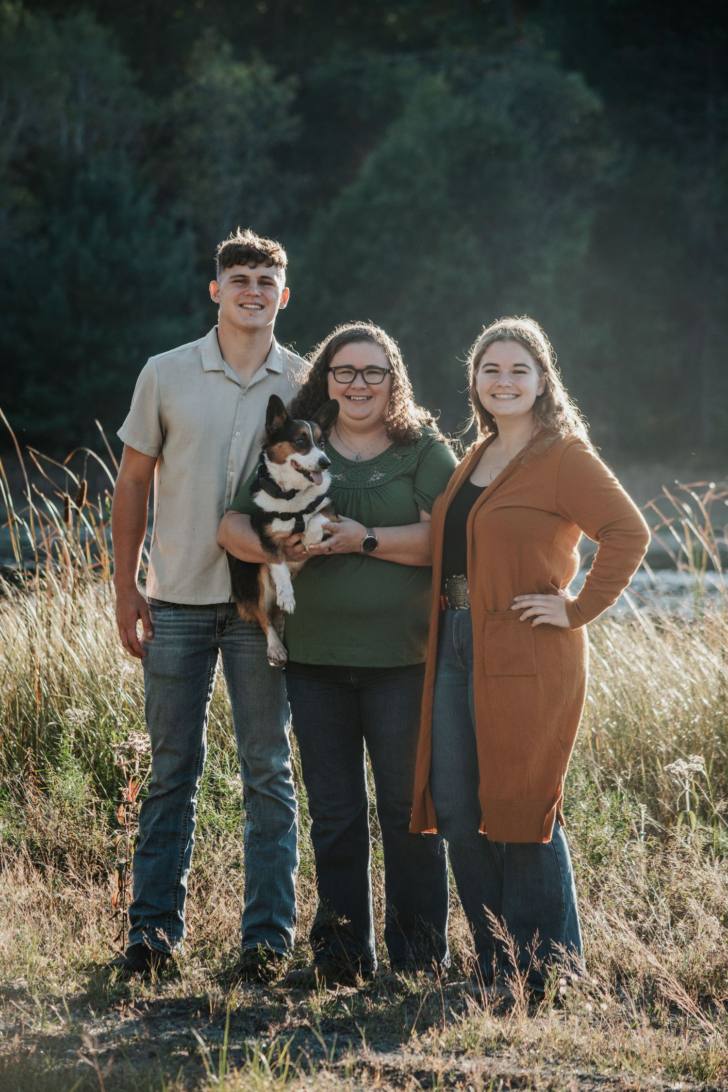 Summer Portrait of a Girl, Mom, & Son, with a dog