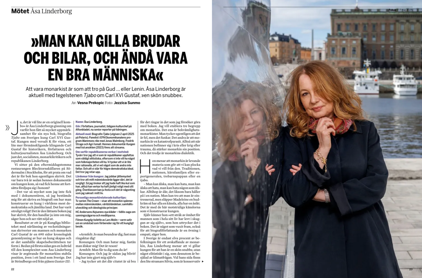 Tidskriftsartikeluppslag med utomhusfoton och textlayout på svenska