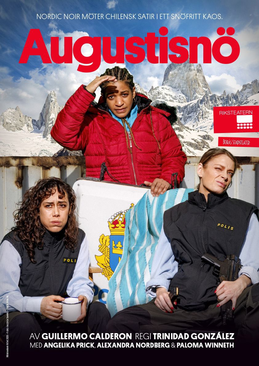 En filmaffisch som visar människor i vinterrockar mot en snöig bergsbakgrund