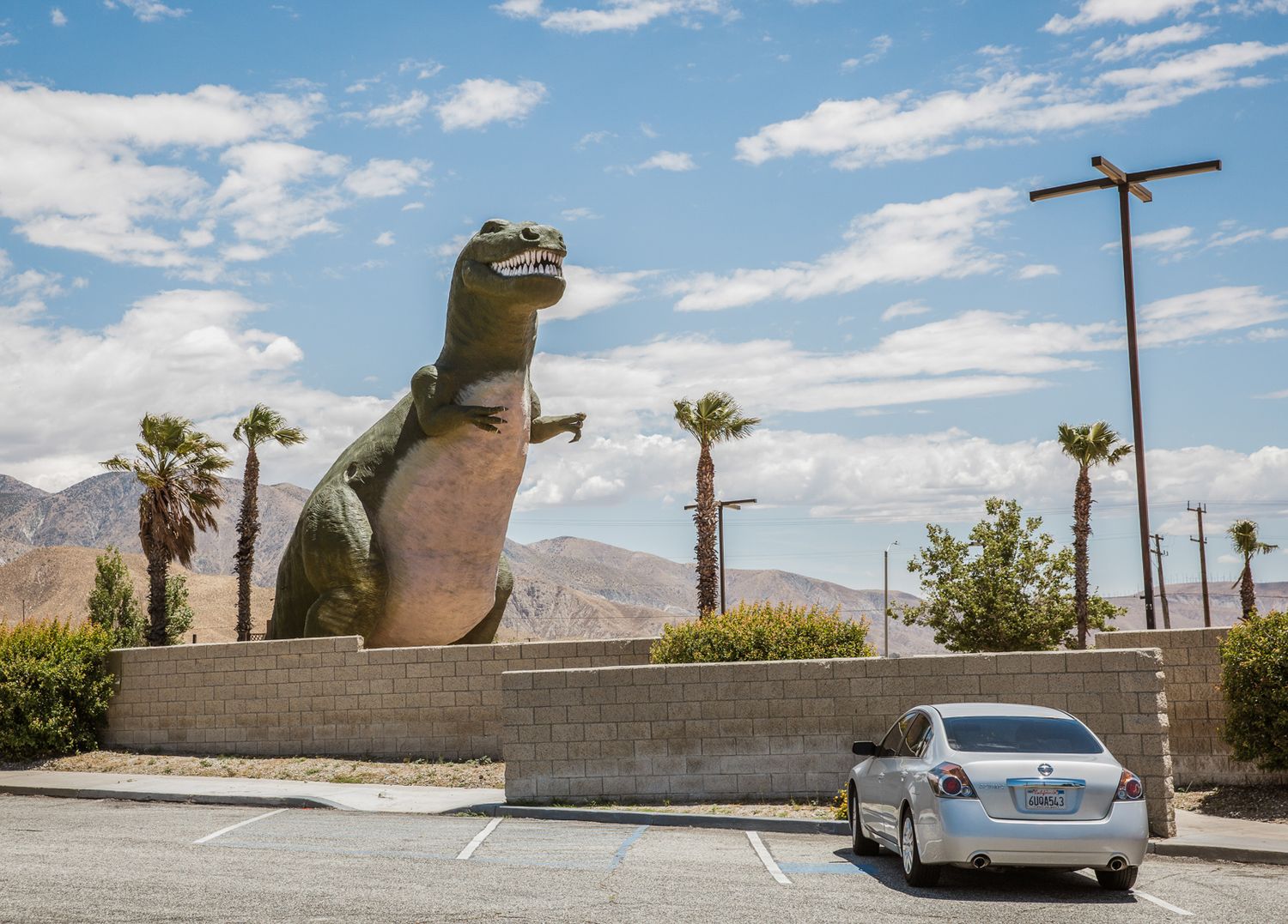 Large concrete dinosaur sculpture stands in an empty desert parking lot under blue skies.