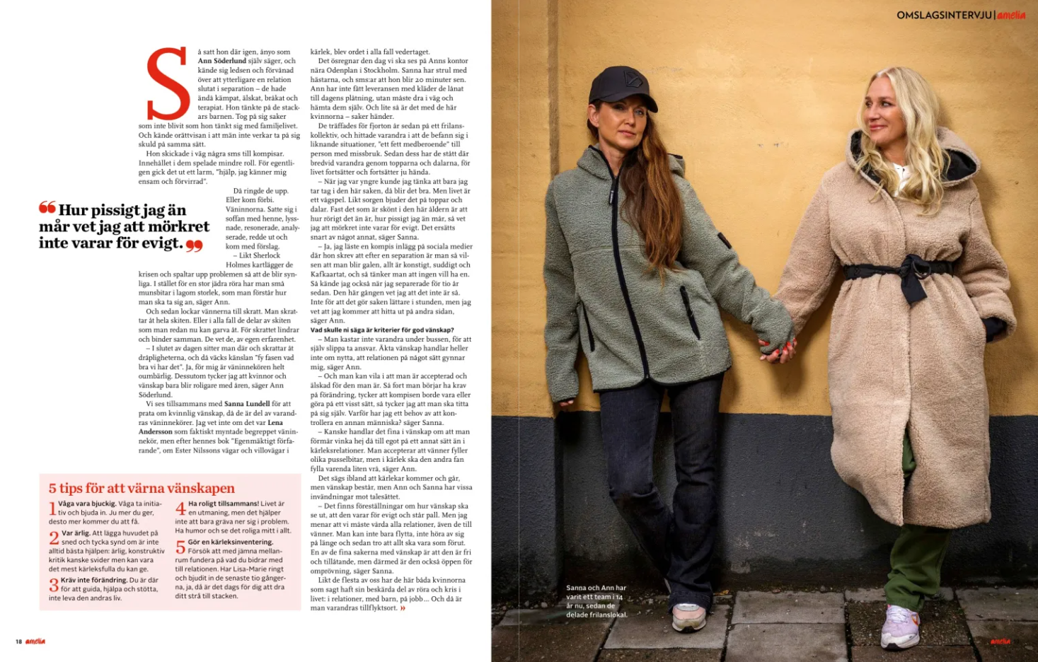 Editorial magazine layout with beige toned photos and text columns.