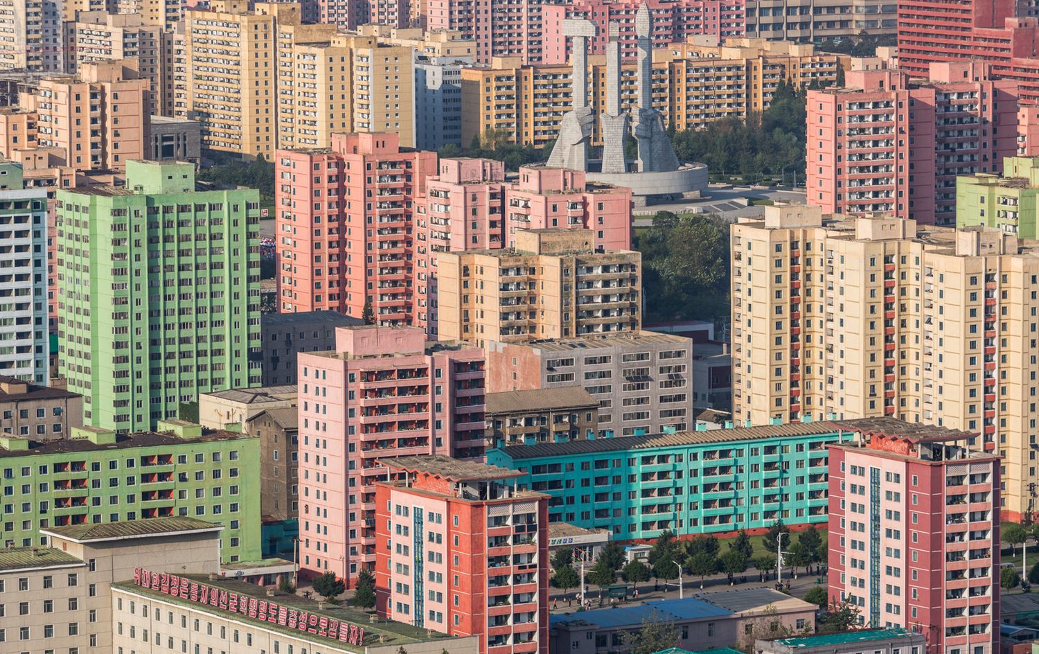 Aerial view of colorful high-rise apartment buildings in Pyongyang.