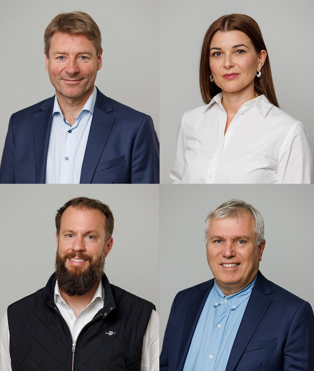 Professionella affärsporträtt arrangerade i rutnätslayout mot grå bakgrund