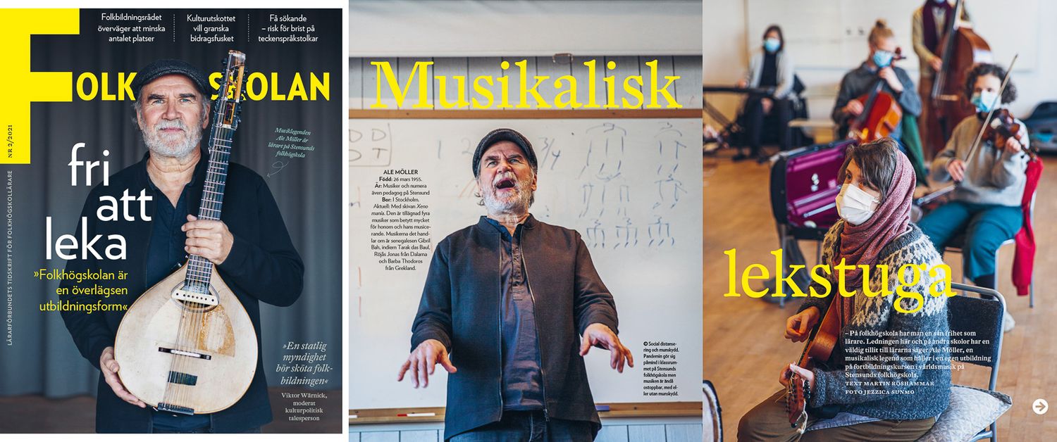 Tidskriftslayout med flera artikelavsnitt och gula rubrikelement