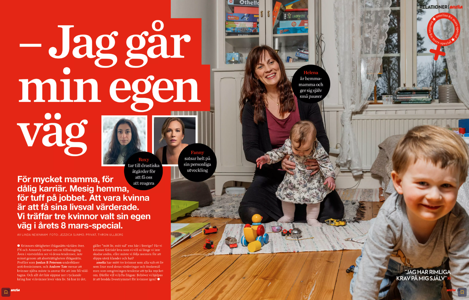 Tidskriftslayout med röda kanter som visar livsstils- och familjescener