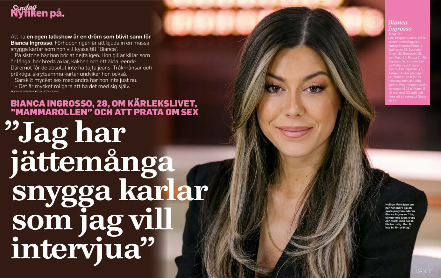 Layout för tidskriftsartikel med rosa accenter och intervjuformatering