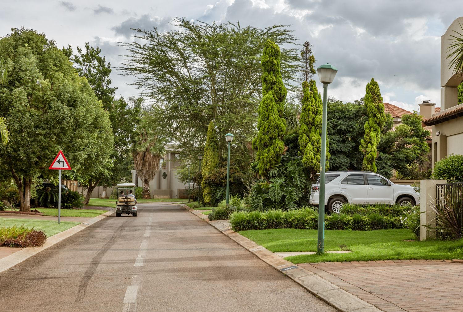 Tree-lined residential street with houses and cars on a cloudy day.
