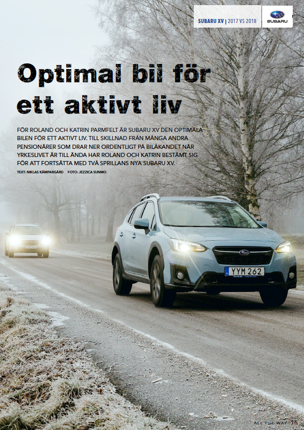 Bilreklam som visar Subaru-fordon på snöiga vintervägar