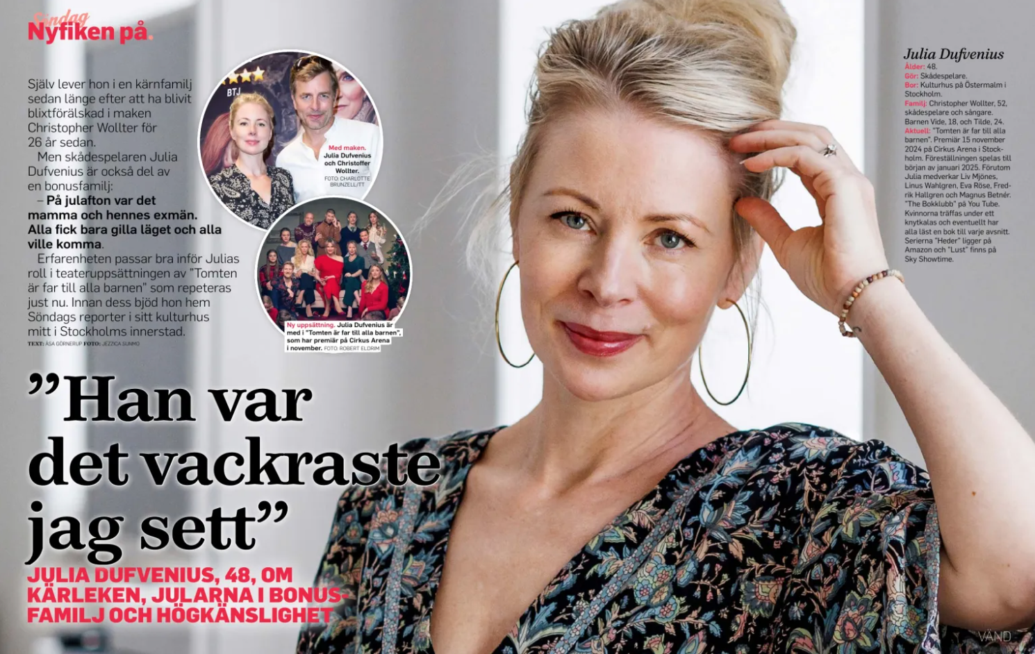 Tidskriftslayout med text och porträttfoton mot grå bakgrund