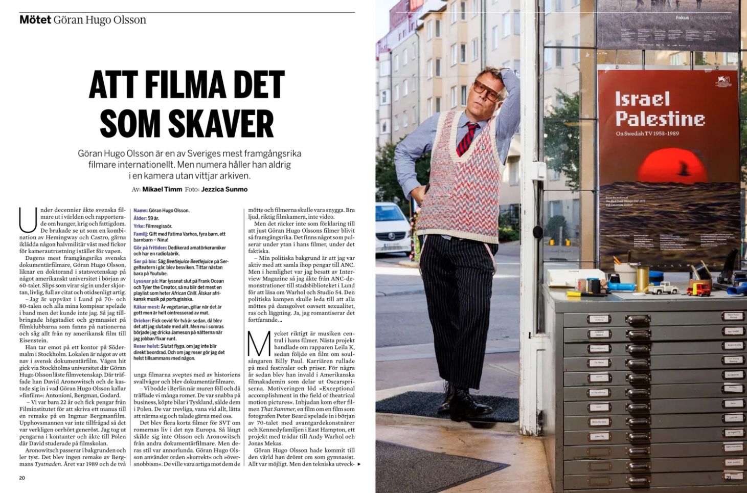 Layout för tidningsartiklar med urban fotografering och text om filmning