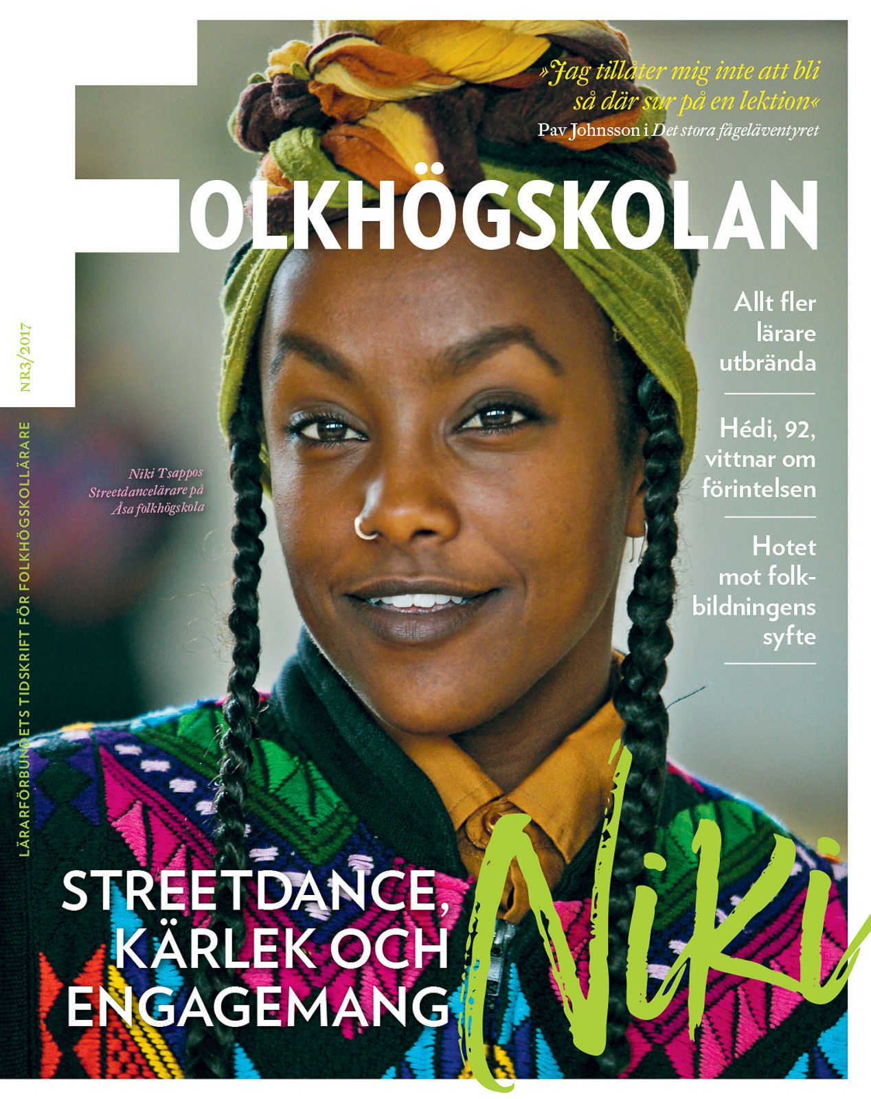 Tidningsomslag för Folkhögskolan med färgglatt streetdance-tema och livfull gul huvudbonad