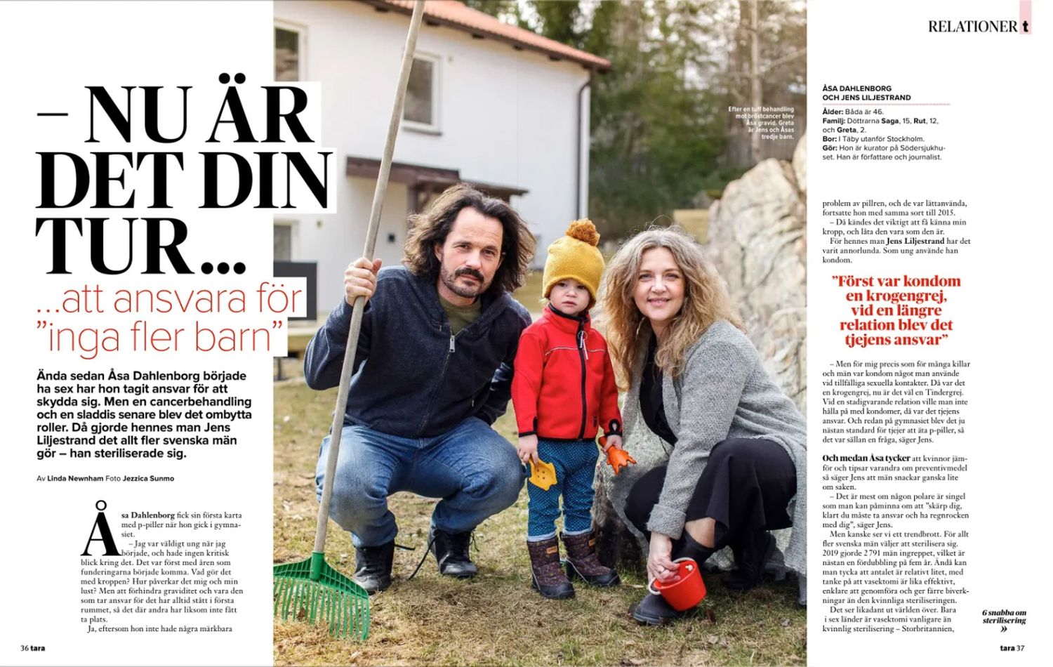 Layout för tidningsartiklar med utomhusfamiljescen och textkolumner