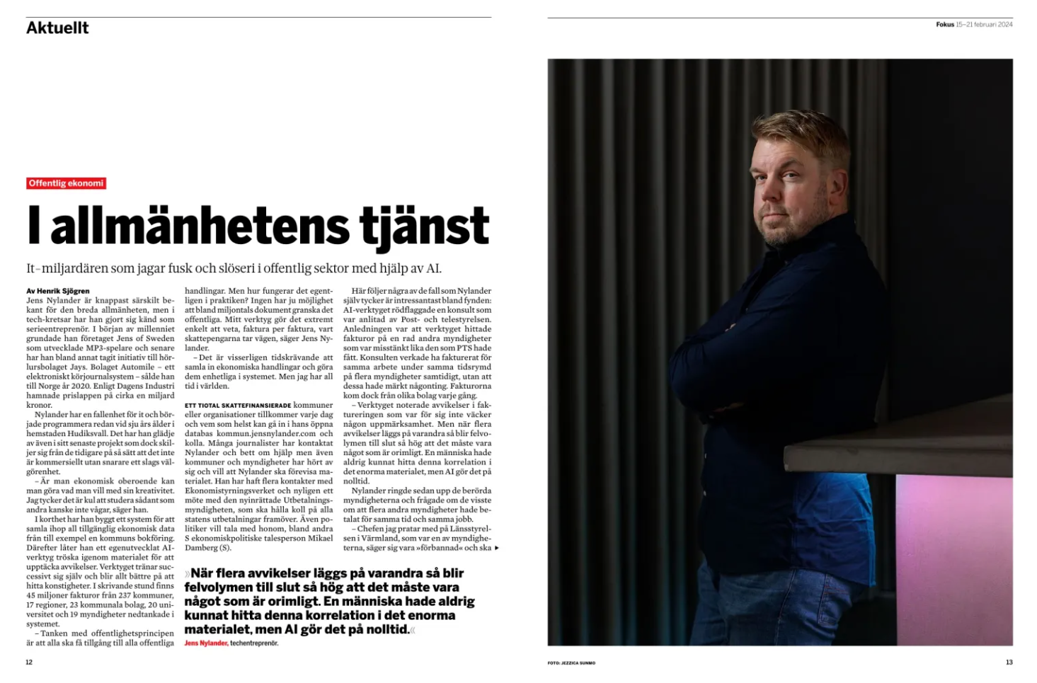 Magazine layout spread with dark moody photography and Swedish text.