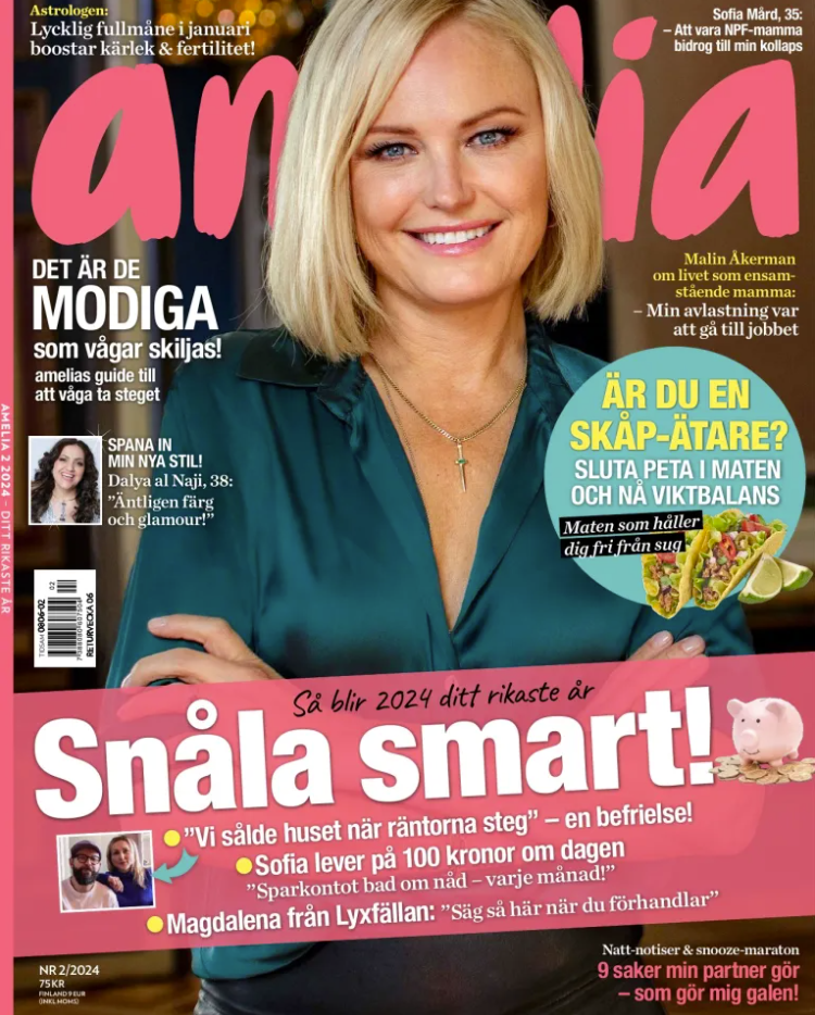 Tidskriftsomslag med rosa och blågrön layout med svensk text och rubriker
