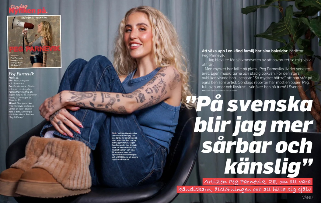 Layout för tidningsuppslag med svensk text och redaktionella foton mot grå bakgrund