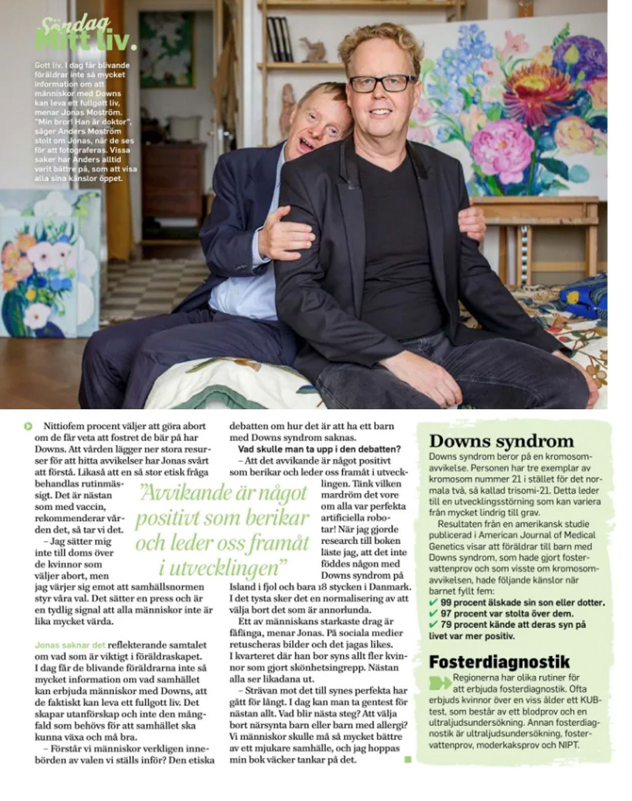 Tidskriftsutgåva om Downs syndrom med färgglada bilder och intervjumiljöer