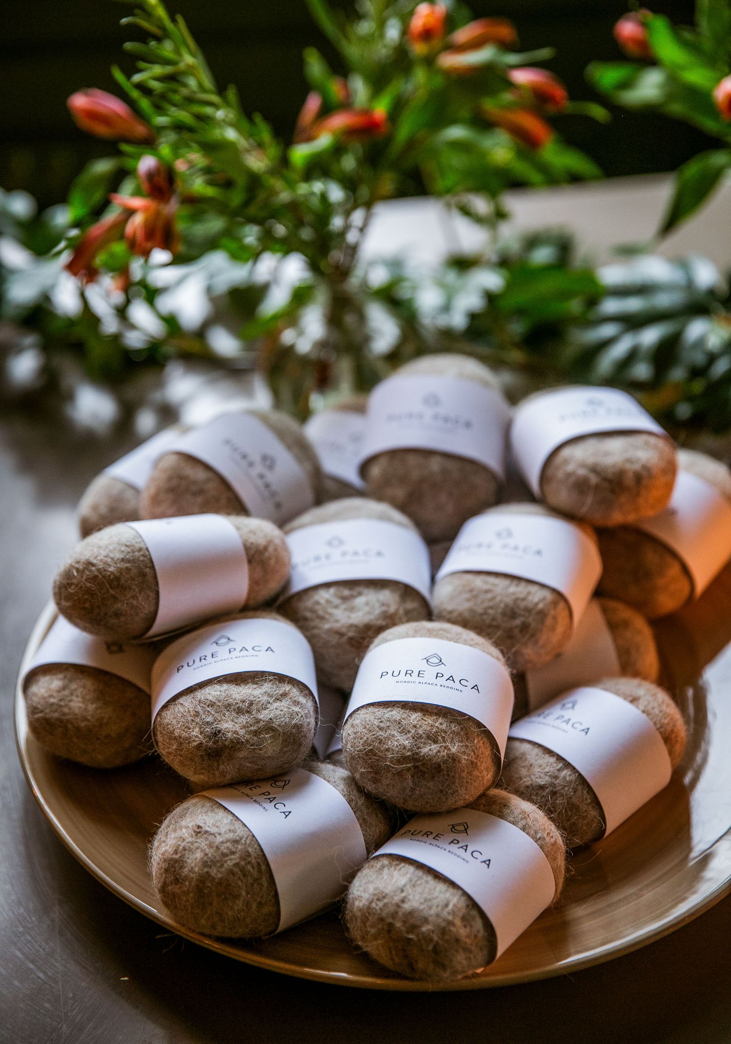 Wrapped chocolate truffles arranged on a plate with green foliage in background.