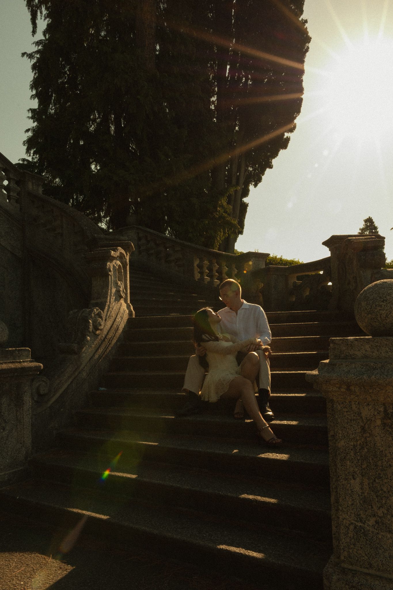 Early morning light engagement photos, Lake Como waterfront park