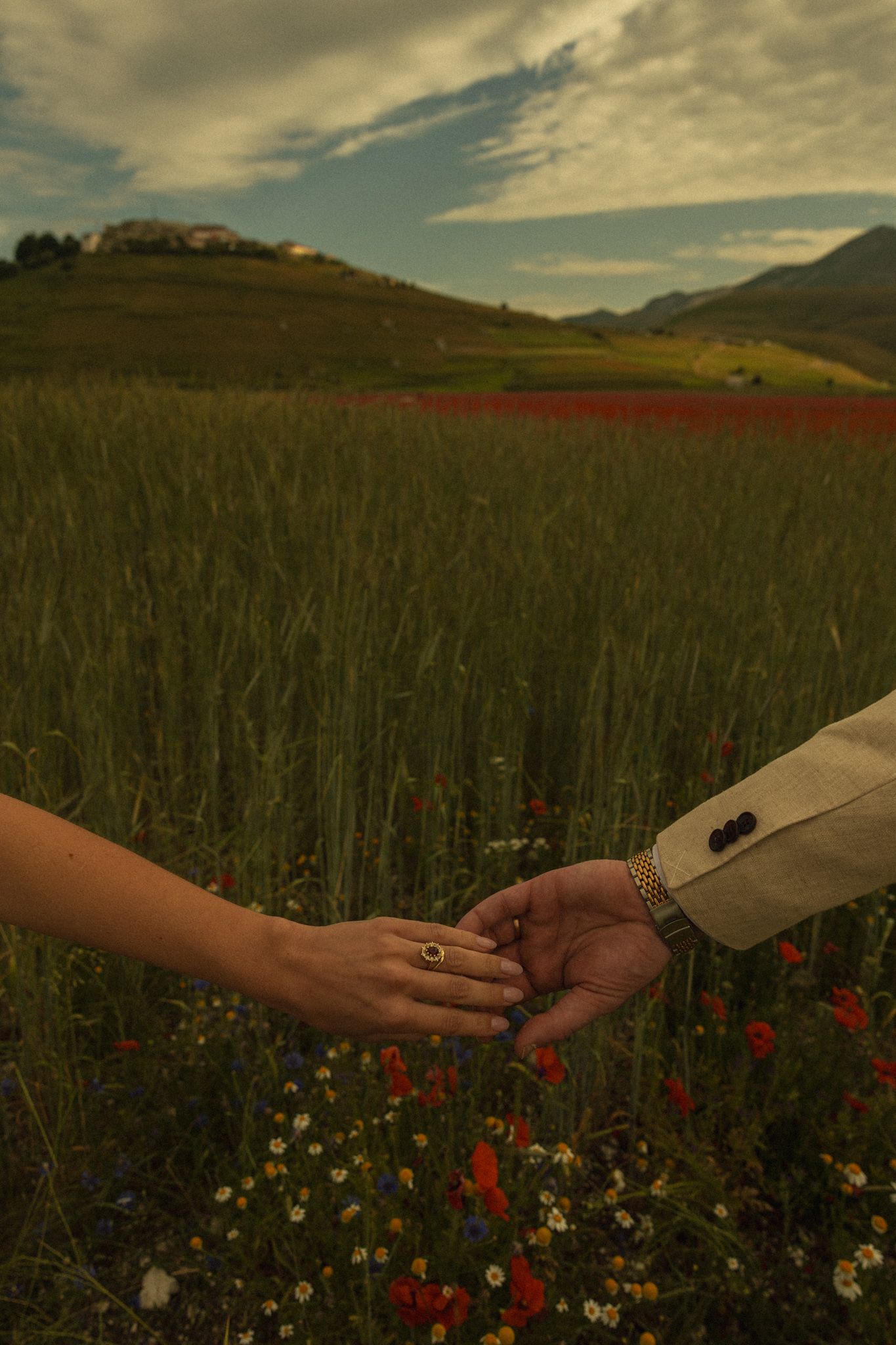 Hand details photo after rings exchange in Castelluccio di Norcia, Umbria