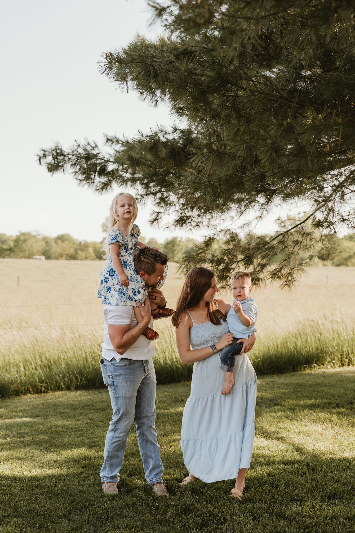 Family of four enjoying a sunny outdoor photo session near a pine tree in a green field.