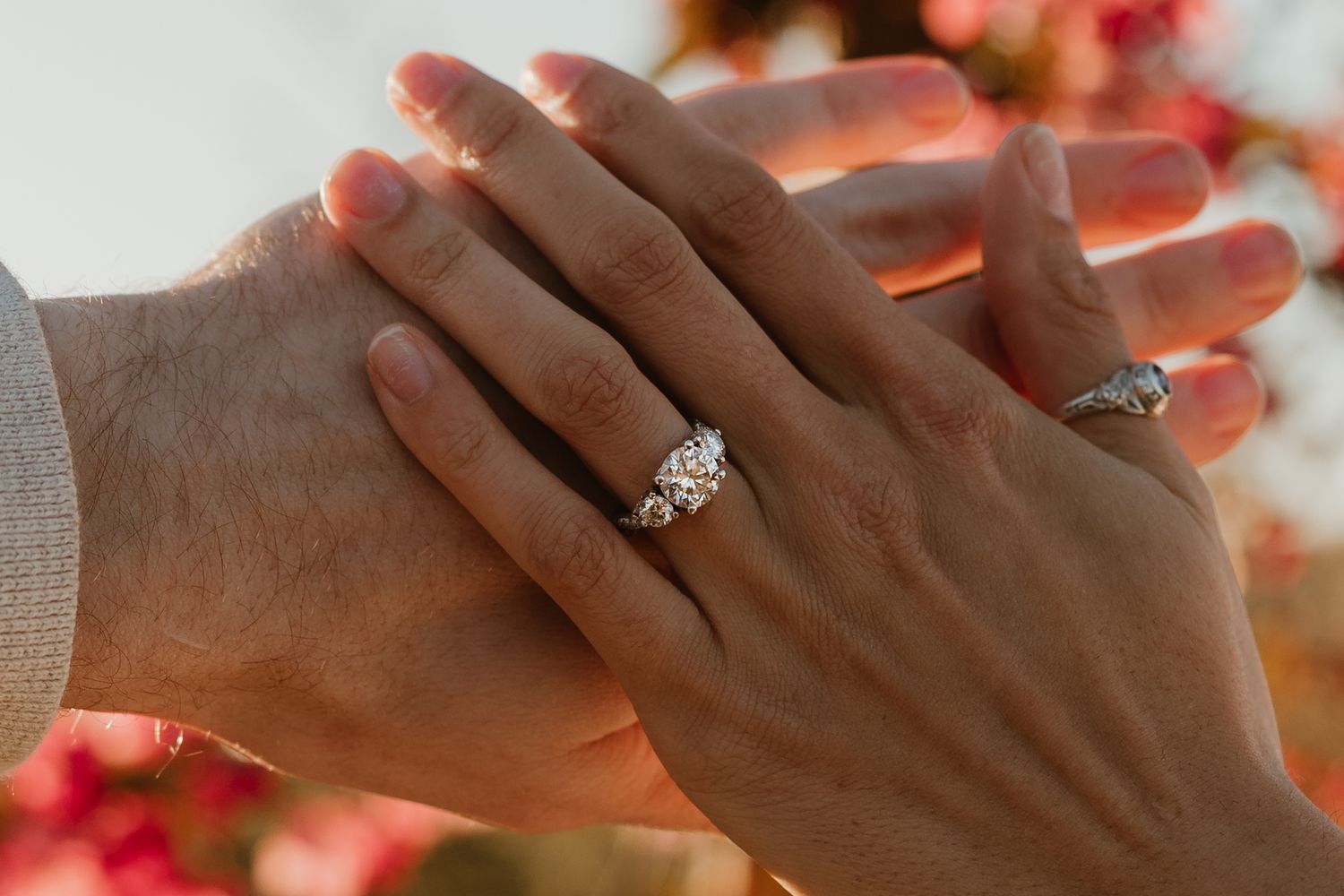 Close-up of two hands displaying elegant diamond engagement rings with pink flowers in the background.