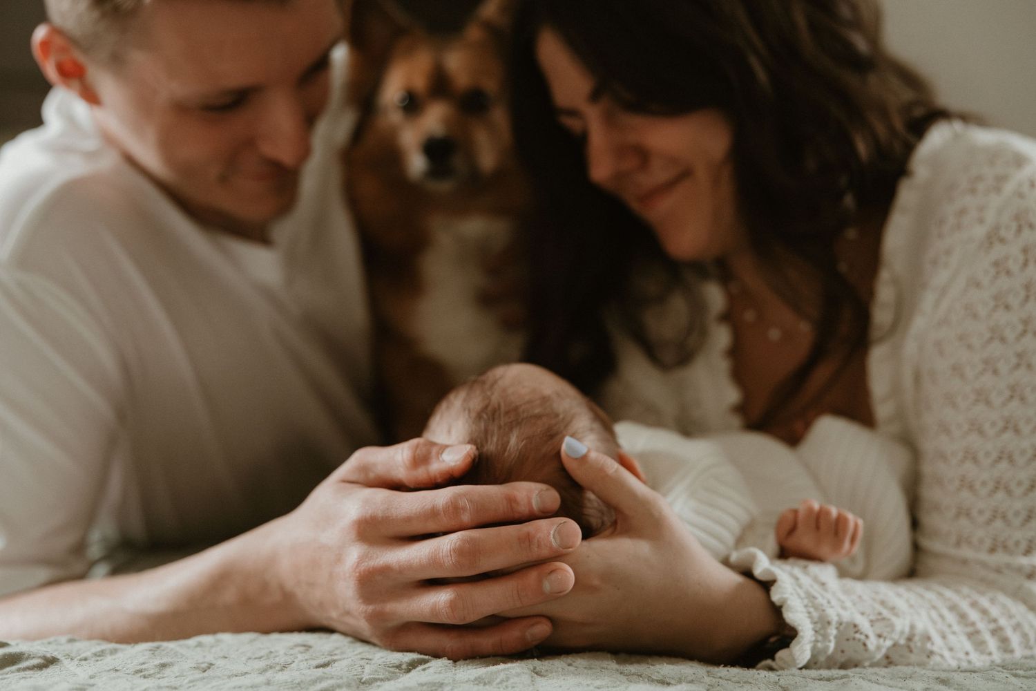 A couple smiles at their newborn baby while a dog watches lovingly in the background.