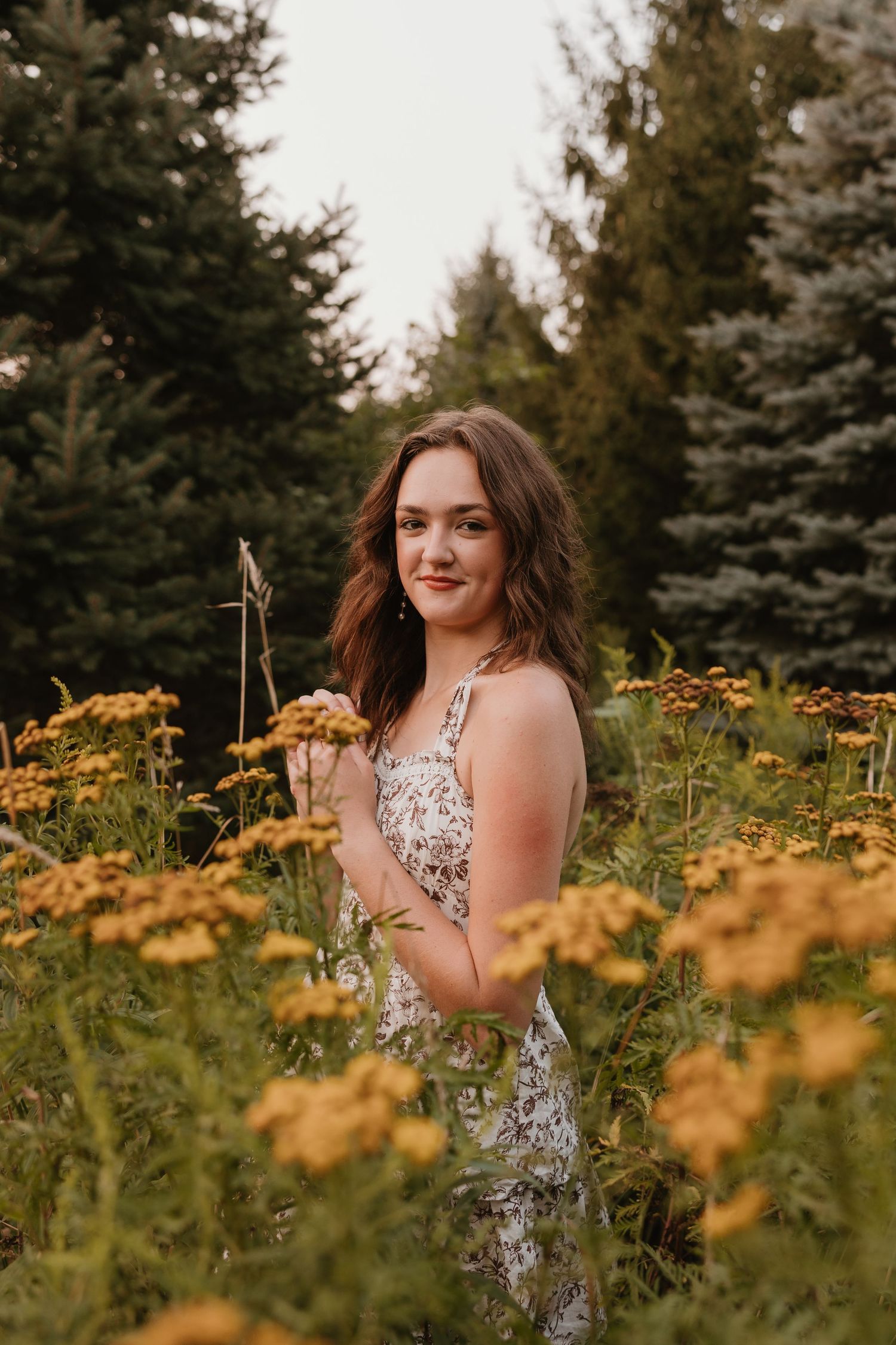 Young woman in floral dress standing among yellow wildflowers with evergreen trees in background.