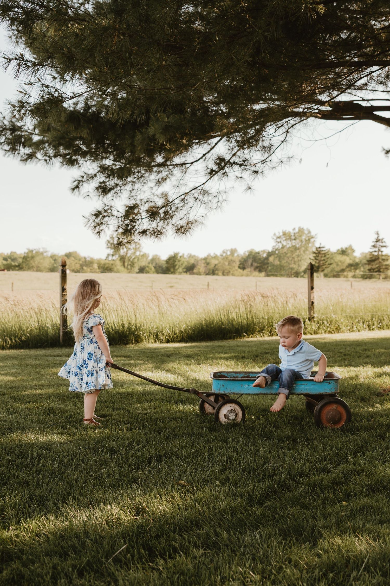 A young girl in a floral dress pulls a blue wagon with a smiling boy sitting inside on a sunny green lawn.