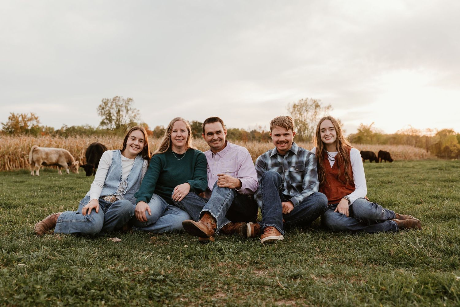 Six people sitting together on grass in a farm field with sheep grazing in the background at sunset.