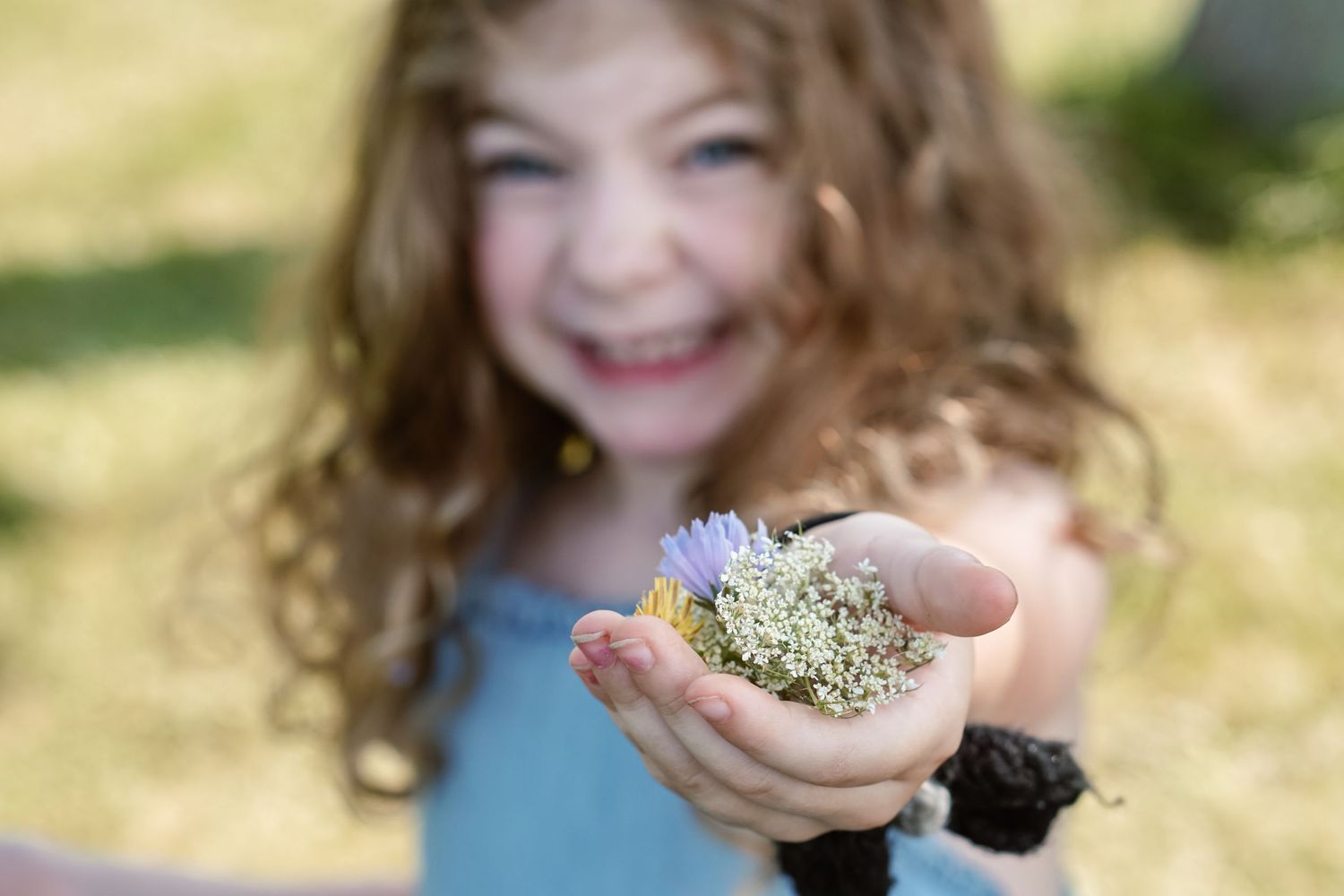 Close up of small delicate flowers being held in cupped hands outdoors.