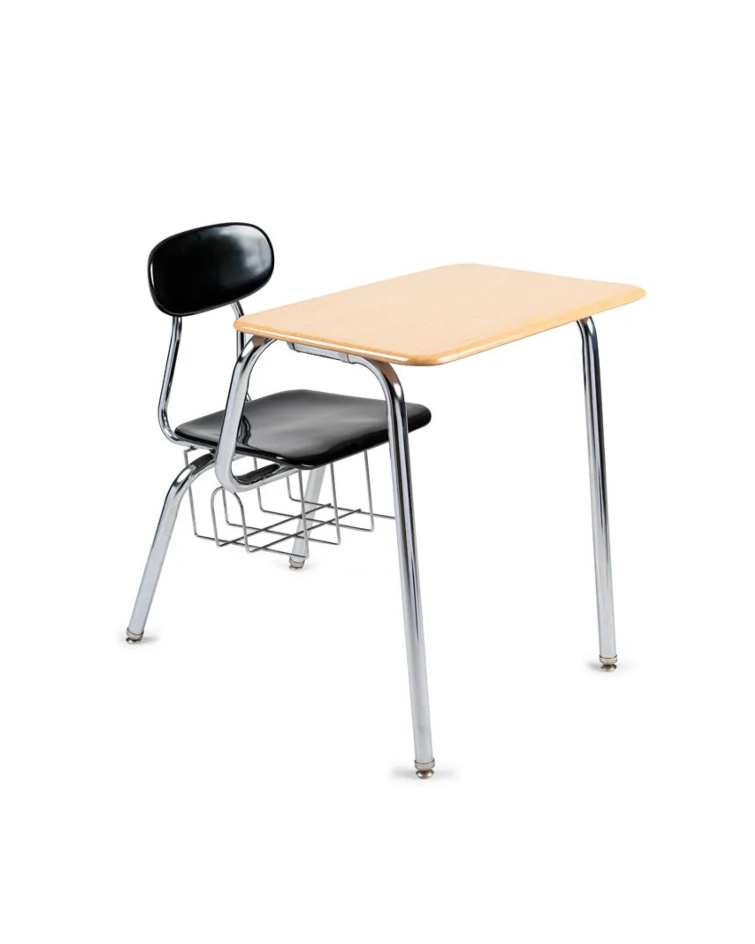 Student combo desk and chair set with maple laminate top, black cushioned seat, chrome legs, and wire book basket.
