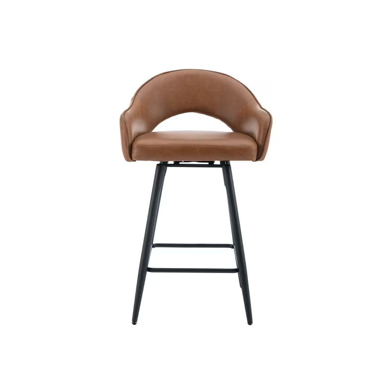 Brown faux leather swivel counter stool with curved back and black metal legs.