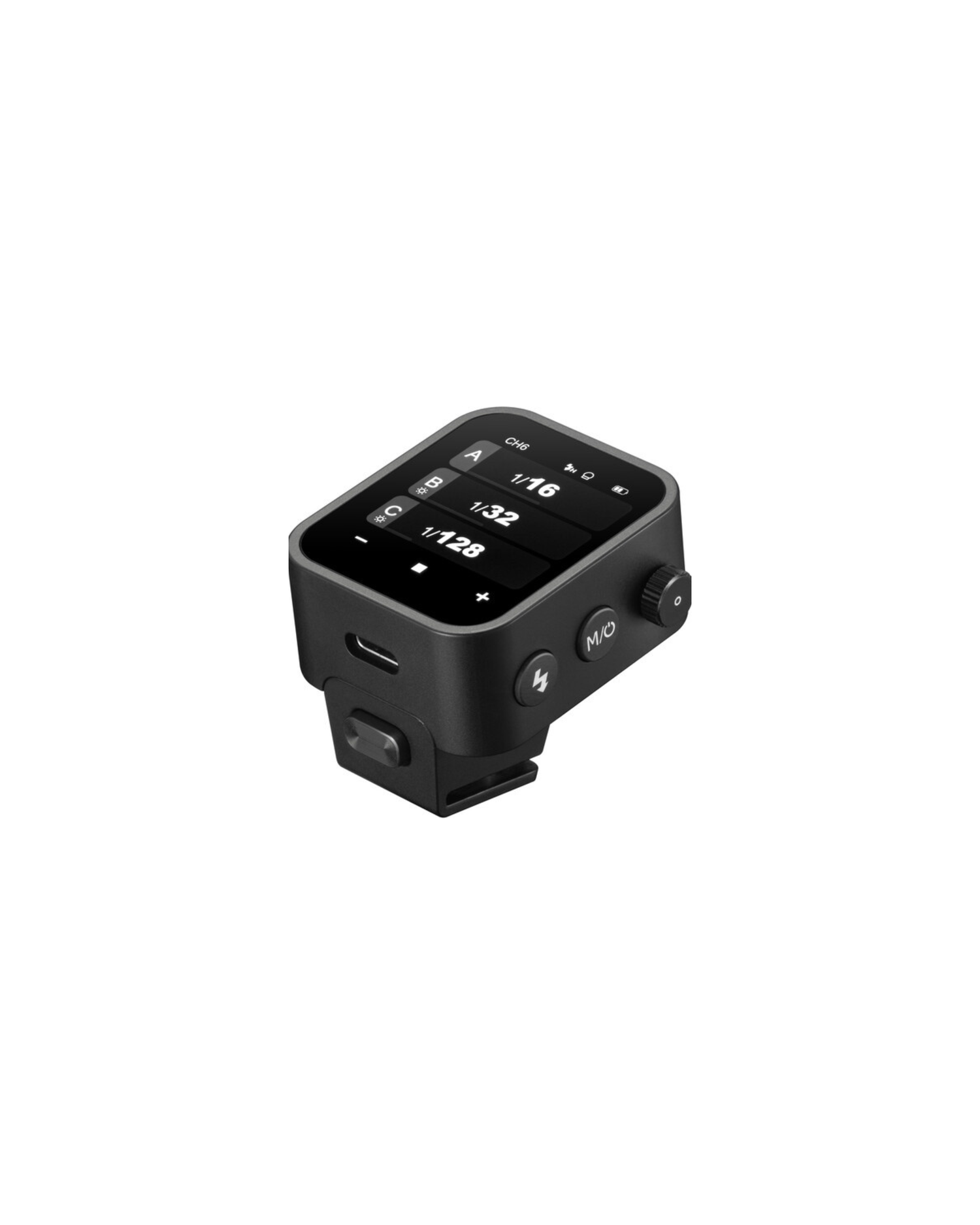 Black compact wireless flash trigger with LCD screen displaying settings, hot shoe mount, and control buttons.