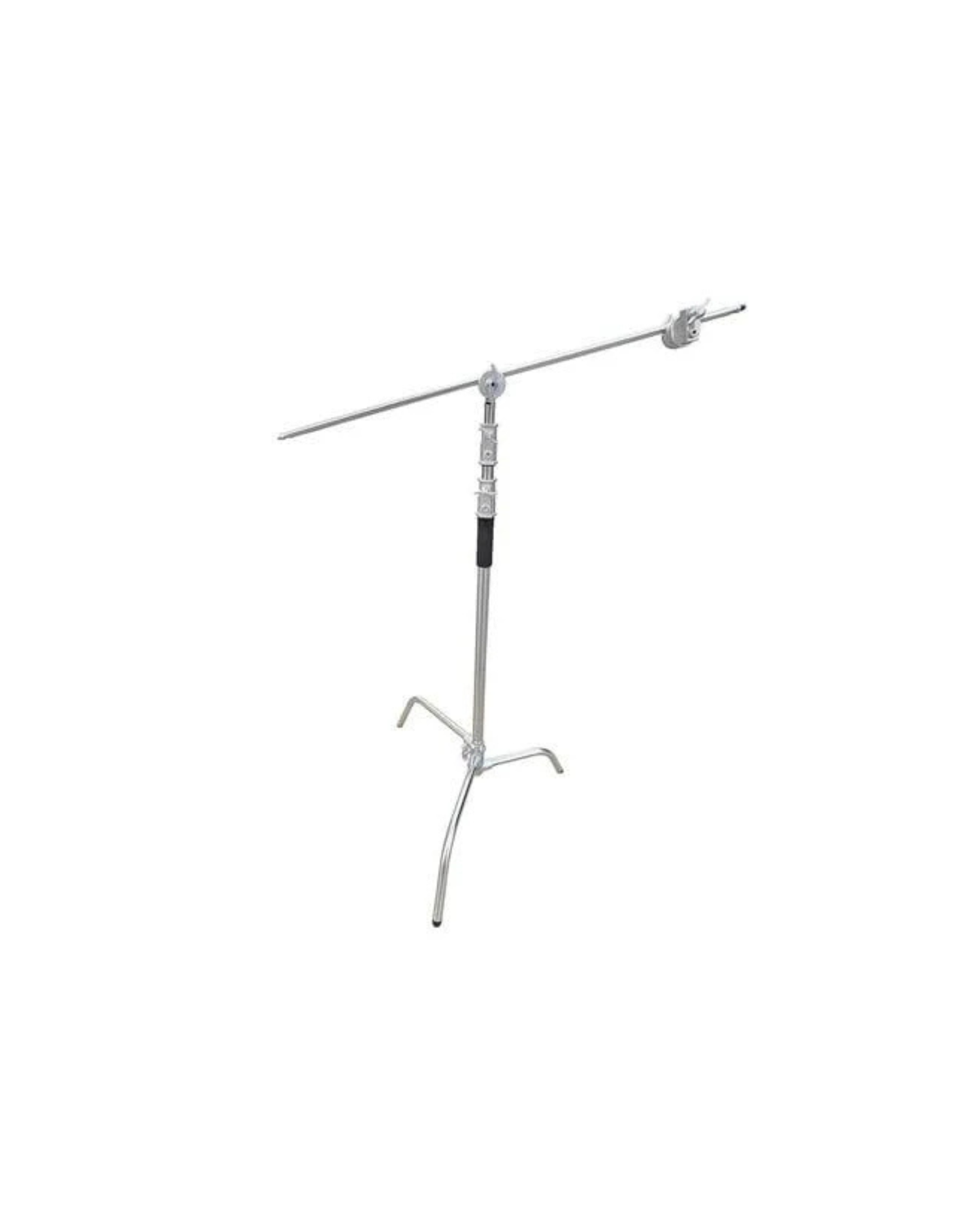 Professional silver C-stand with adjustable boom arm and turtle base legs for studio lighting equipment support.
